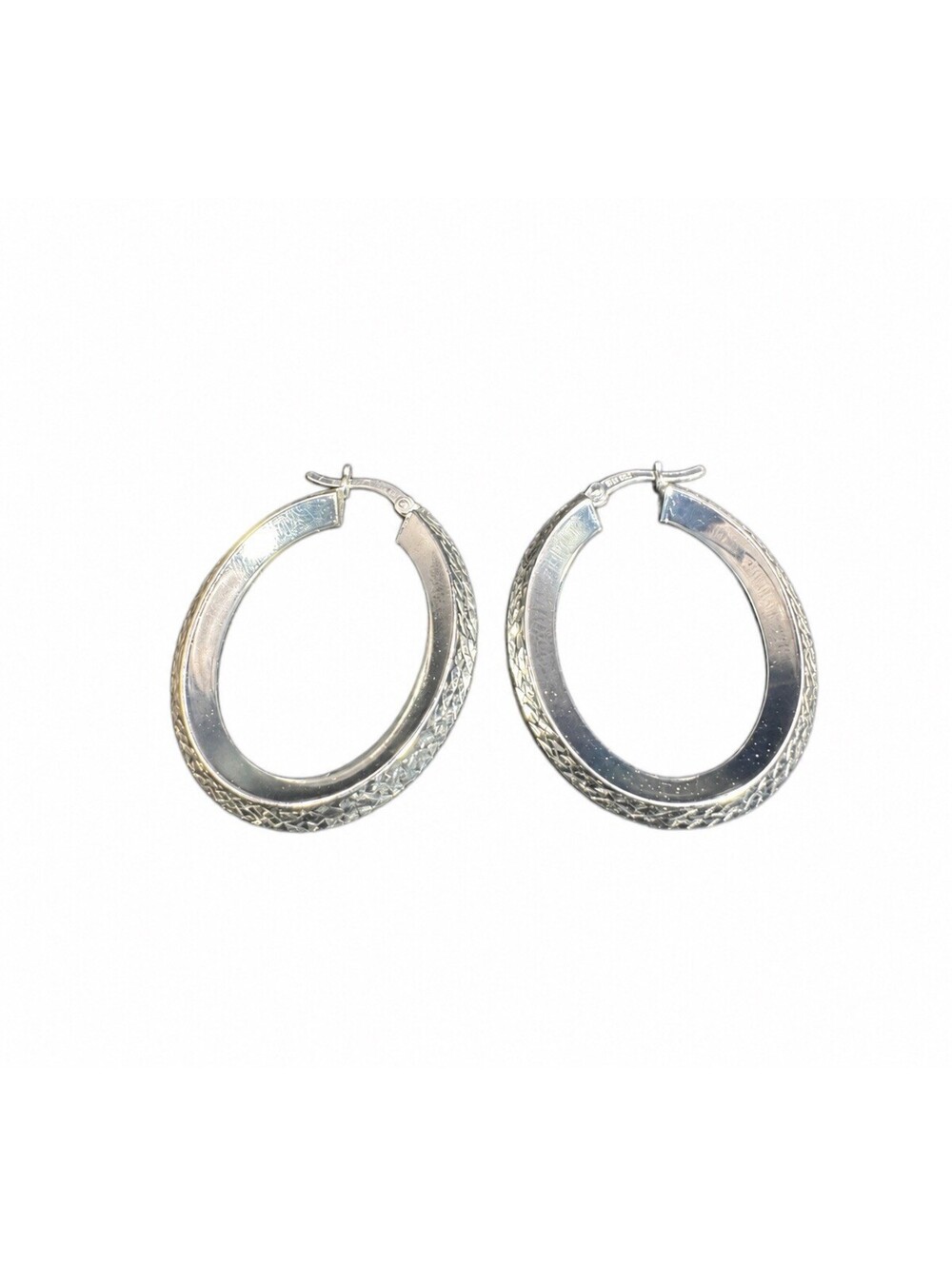 JCM 925 Sterling Silver Oval Hoop Earrings 5.87g Textured Faceted Design